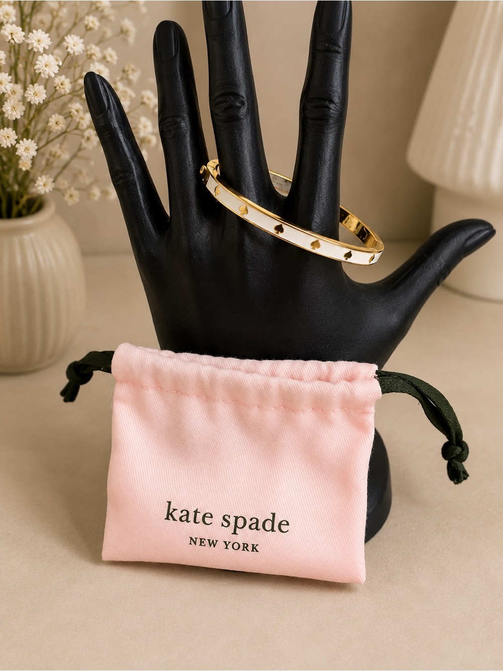kate spade Gold and White Enamel Heart-Stud Hinged Bangle